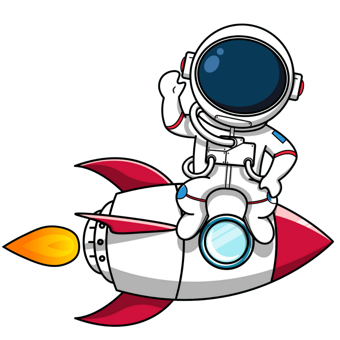 A cartoon astronaut joyfully rides a rocket, soaring through the vastness of space with a smile on their face.
